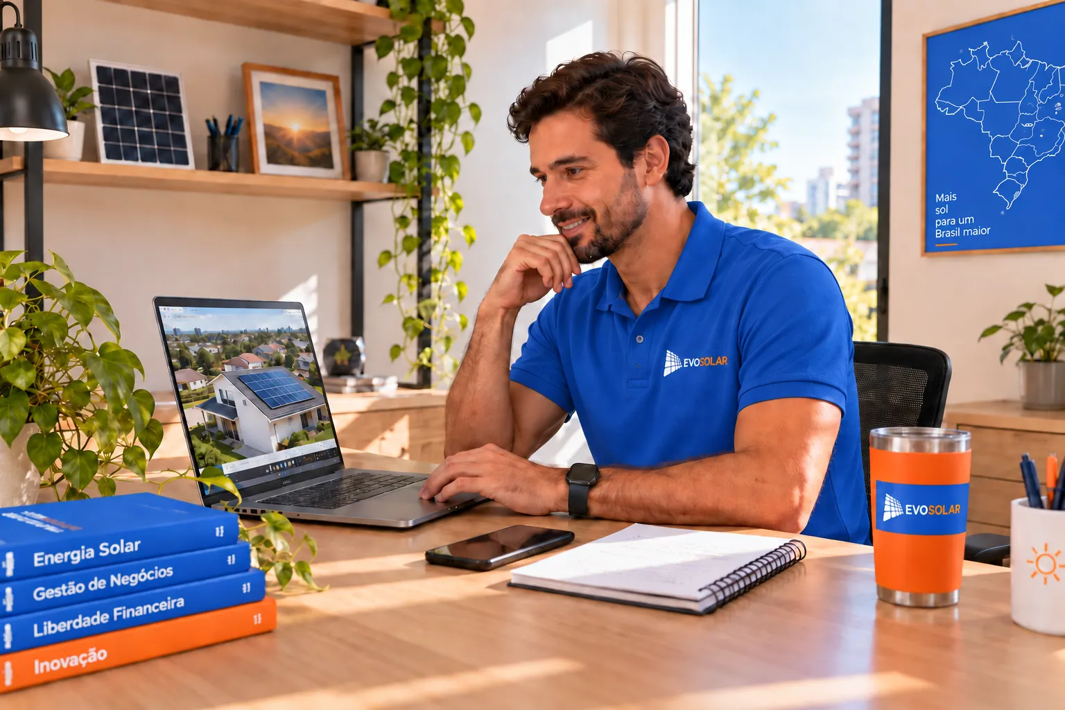 Franqueado Evosolar Home Office trabalhando em casa com notebook e materiais de energia solar
