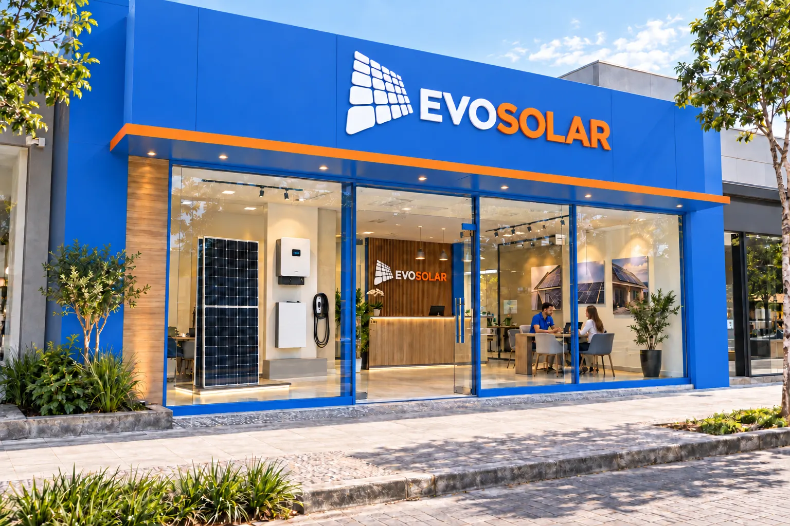Loja física Evosolar Premium Store com fachada azul e showroom de painéis solares