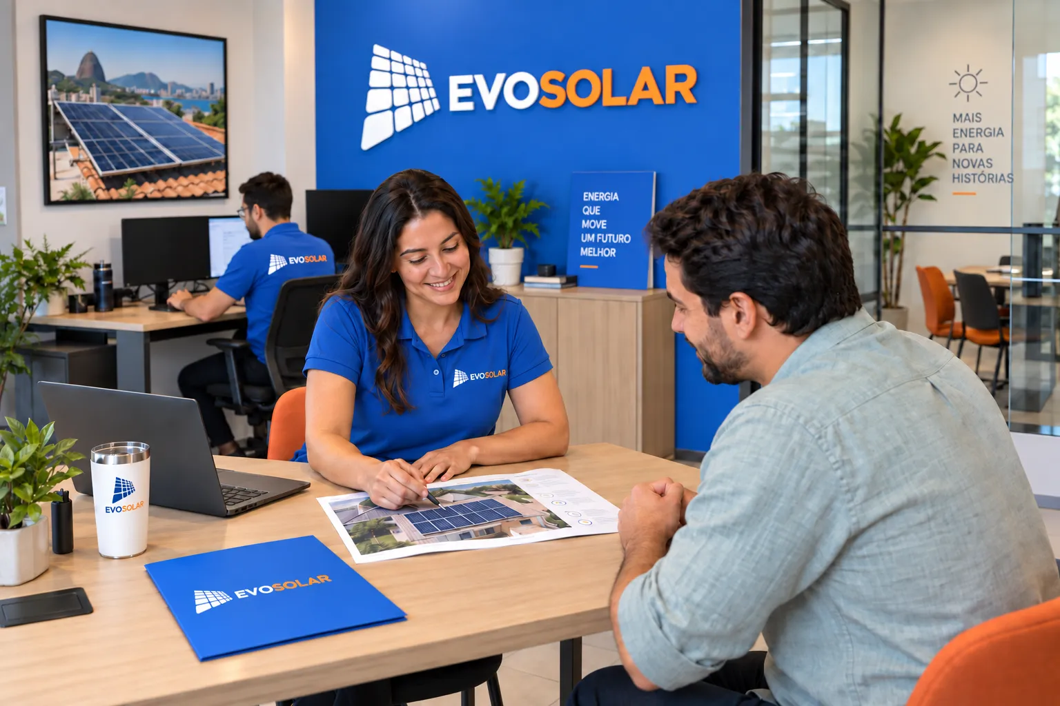 Escritório franqueado Evosolar Business Office com atendimento a cliente e equipe