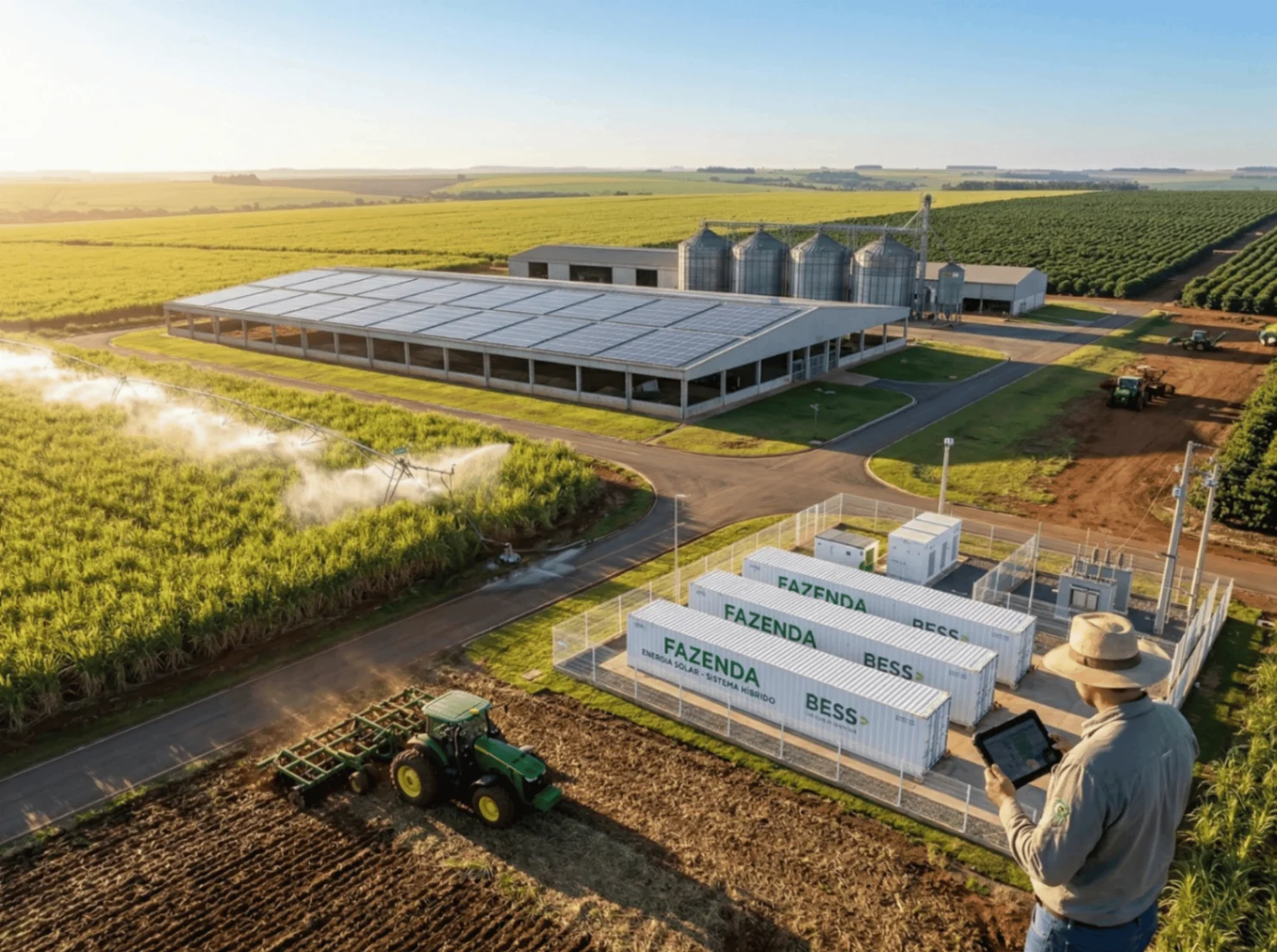 Fazenda com painéis solares e baterias de armazenamento de energia