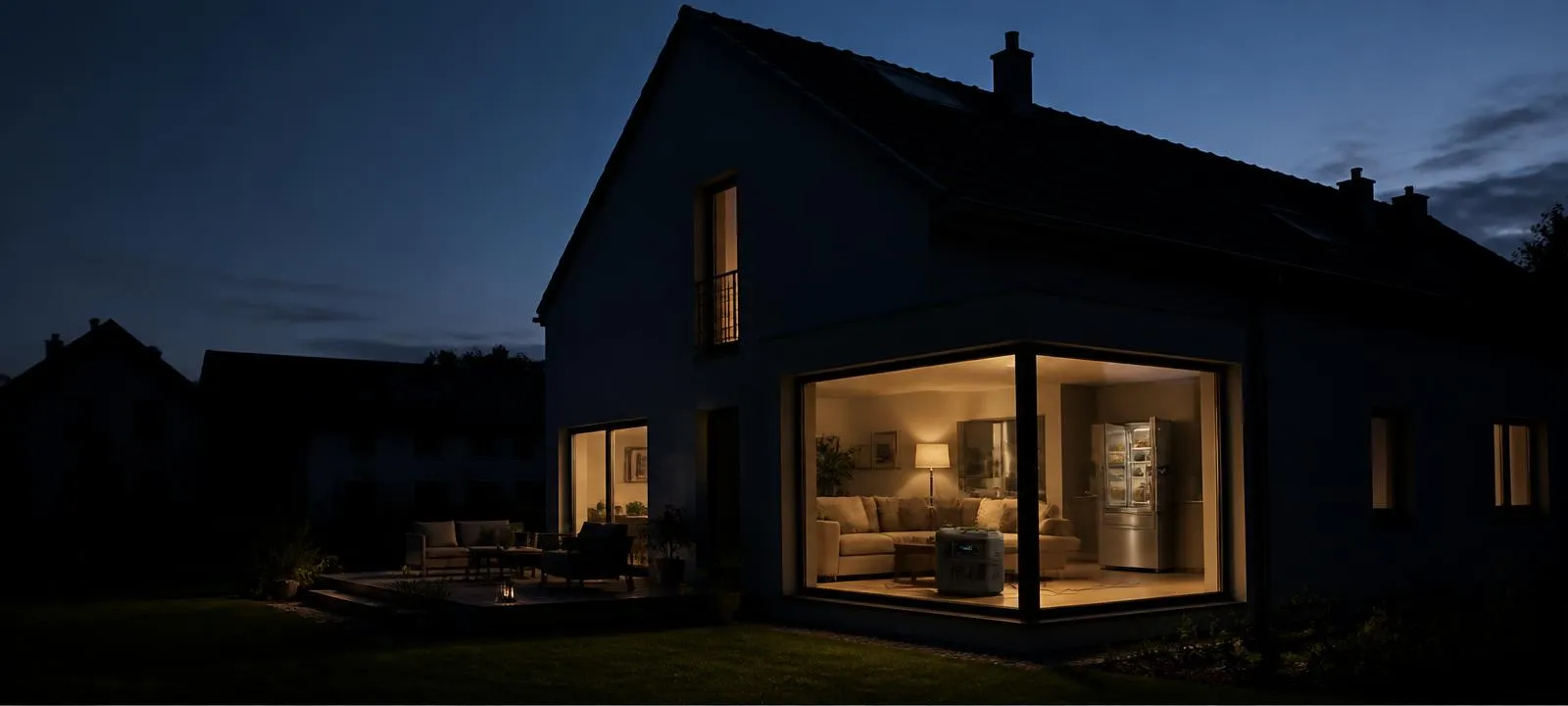 Casa iluminada durante uma queda de energia no bairro, com estação de energia portátil na sala