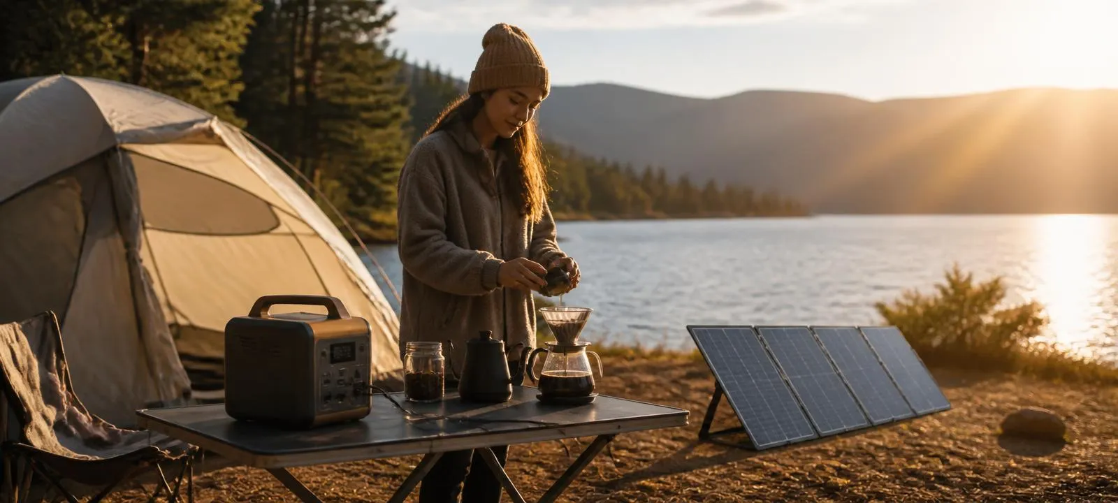 Estação de energia portátil sobre mesa de camping à beira de um lago, com painel solar portátil ao lado
