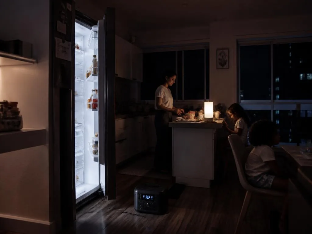 Cozinha à noite durante falta de luz, com geladeira e luminária ligadas na estação de energia portátil