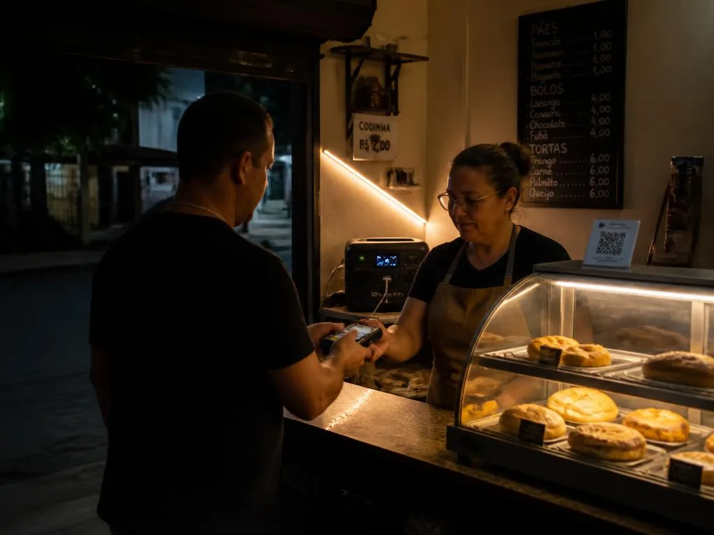 Padaria atendendo cliente com maquininha e vitrine iluminada durante queda de energia, com estação portátil atrás do balcão