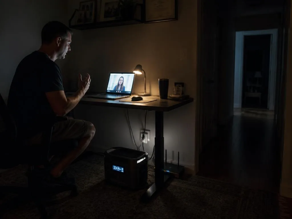 Pessoa em videochamada no home office com notebook e roteador ligados na estação de energia portátil