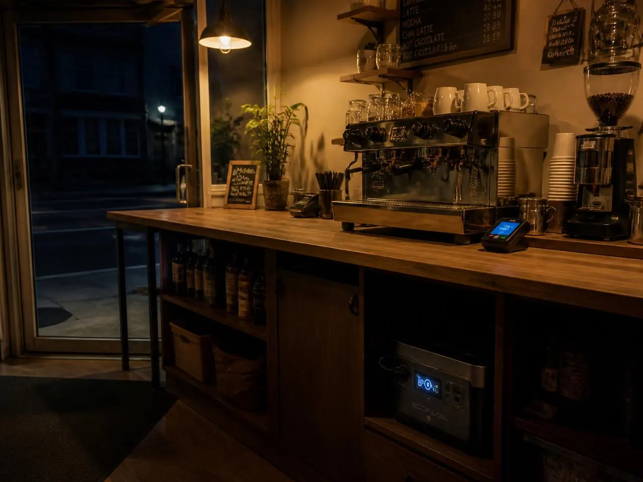 Cafeteria com máquina de espresso e maquininha operando durante queda de energia