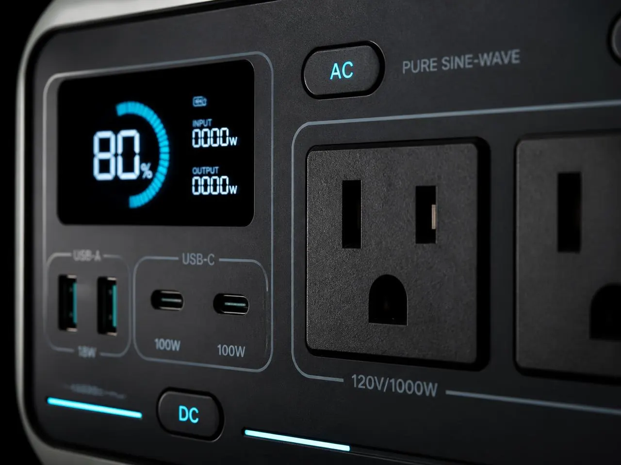 Painel frontal com tomadas, portas USB-C e display de carga da estação de energia