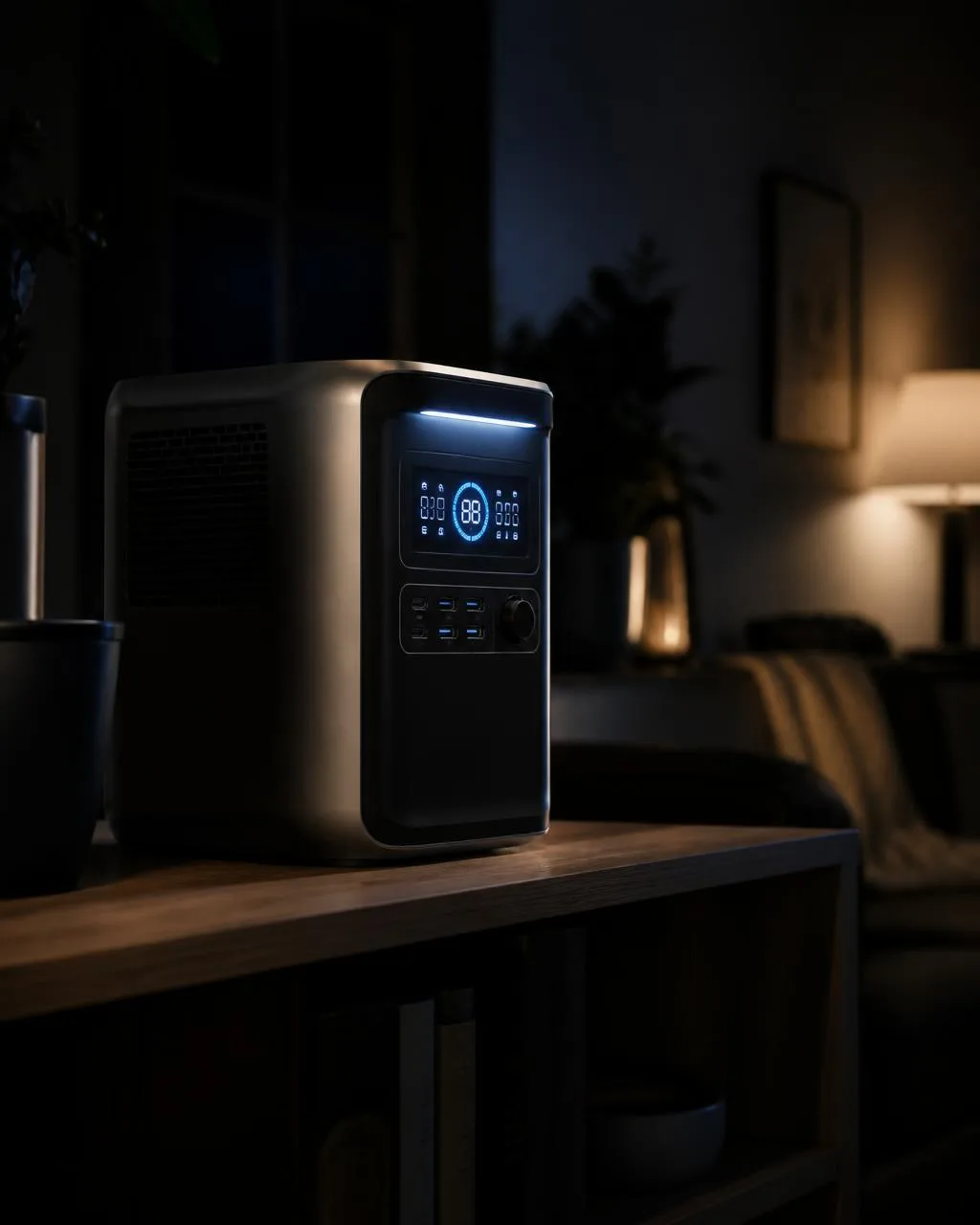 Estação de energia portátil EcoFlow ligada em uma sala à noite, com display iluminado