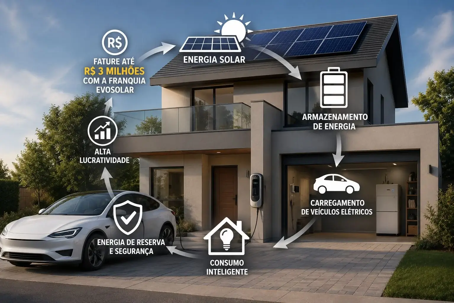 Ecossistema Evosolar: energia solar, armazenamento, recarga de veículos elétricos, consumo inteligente, energia de reserva e alta lucratividade