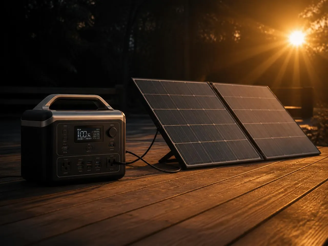 Estação de energia portátil recarregando com painéis solares dobráveis ao entardecer