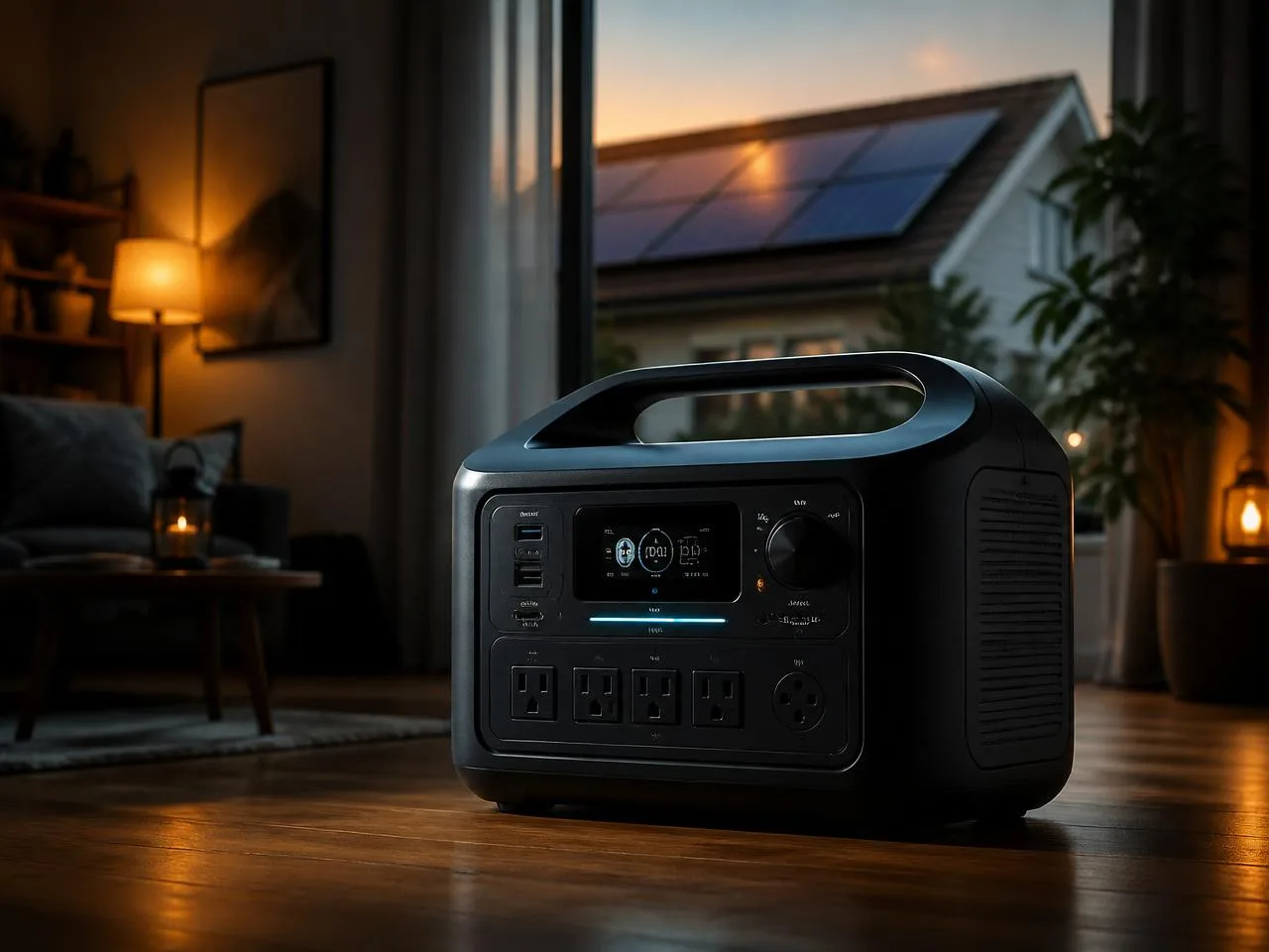 Estação de energia portátil EcoFlow ligada na sala, com painéis solares no telhado da casa ao fundo